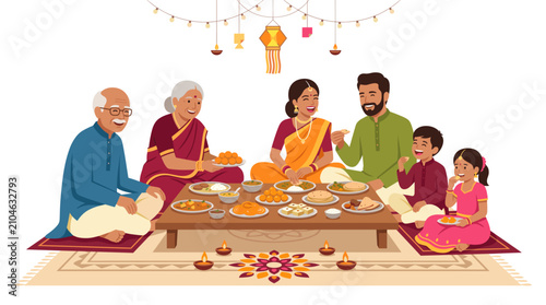 Indian Family Celebrates Festival With Traditional Feast And Diyas Vector Illustration
