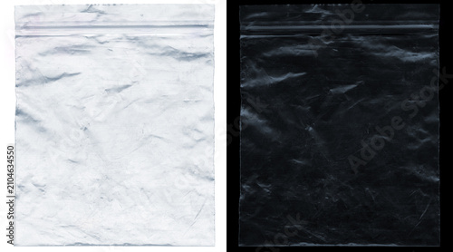 Foto Crumpled plastic bag texture set, transparent polyethylene zip lock pouch on whi