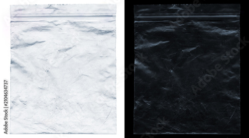 Foto Crumpled plastic zip bag texture, transparent polyethylene pouch on white and bl