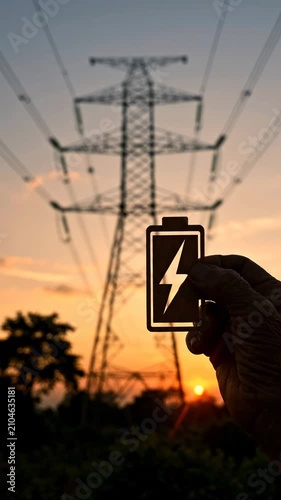Symbolic image of an electric power transmission tower against a sunset sky, held by a hand showcasing a battery icon with a lightning bolt, representing energy and power generation