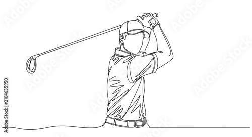 Continuous single line drawing of golf player swinging club, sportsman motion, sports activity