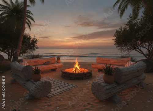 Cozy beach bonfire at sunset with wooden log benches and tropical palm trees