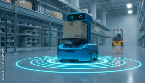Autonomous warehouse robot carrying cardboard box in automated distribution center with glowing blue sensor light