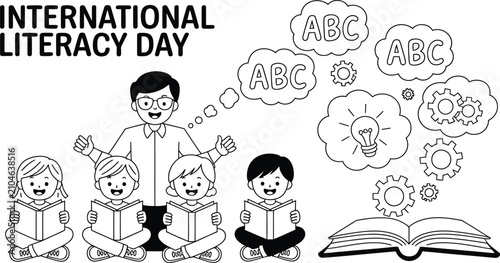 International Literacy Day vector illustration, teacher and students reading books, educational line art for school coloring activities