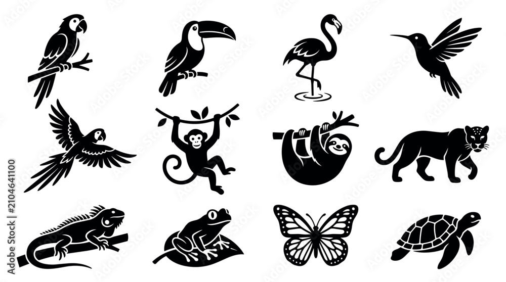 Obraz premium Tropical rainforest animals and birds black glyph vector icon set