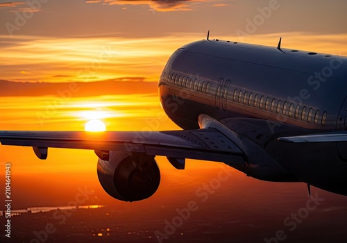 Close up of airplane wing and engine at sunset.