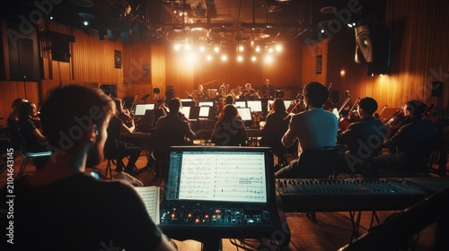 Orchestra recording session in a concert hall.