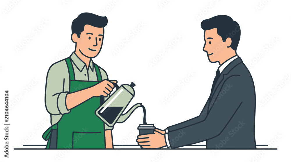 Fototapeta premium A barista pours fresh coffee for a businessman at counter