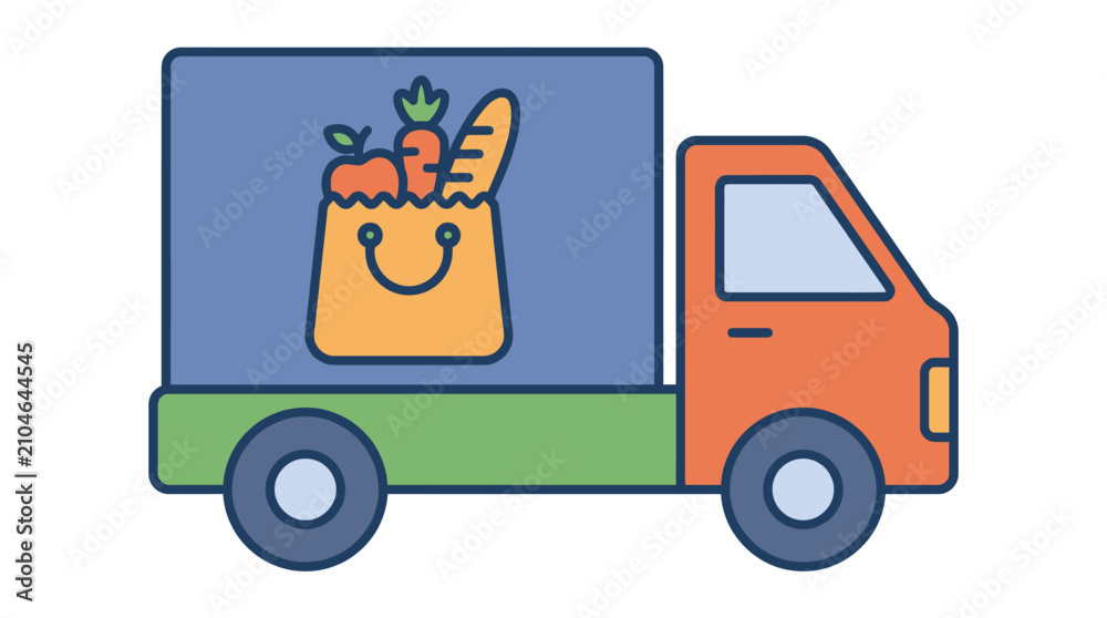 Fototapeta premium Delivery truck carrying a grocery bag with fresh vegetables and bread