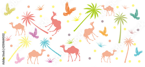 Arab-themed vector set featuring silhouettes of palm trees, camels, desert grass, and more; icons.