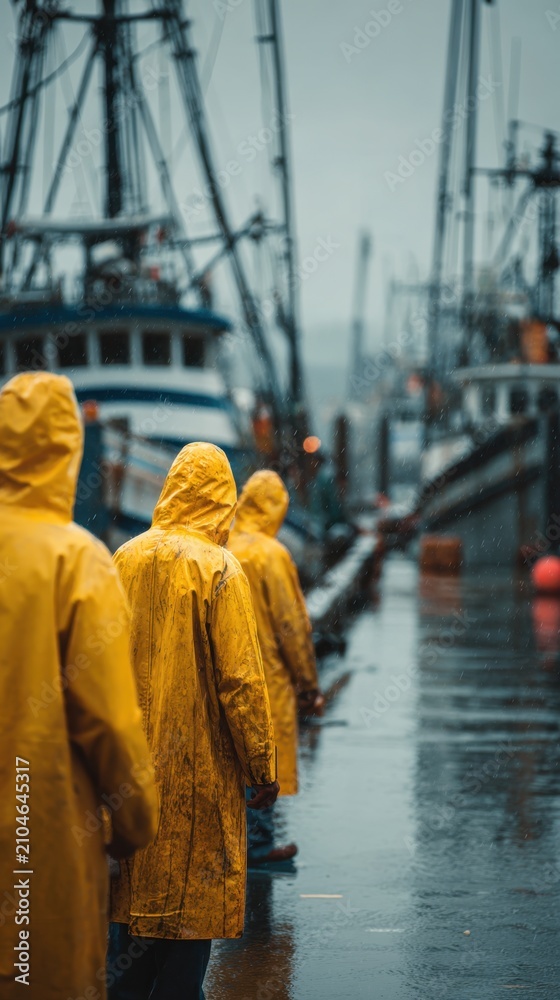 Fototapeta premium Fishermen wearing bright yellow raincoats walking along the wet dock on a rainy day with moored fishing vessels lined up in the blurred background