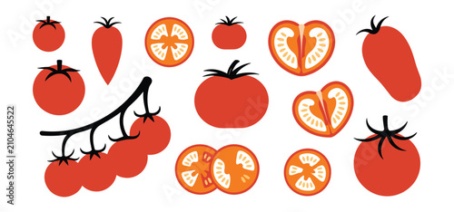 Photos Tomato Assortment: A vibrant collection of fresh tomatoes, showcasing whole fruits, halved pieces, and sliced rounds, presented in a clean, modern style