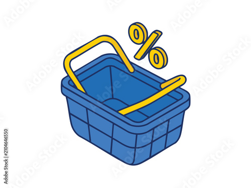 Isometric Blue Shopping Basket with Yellow Percentage Sign