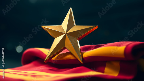 Shiny gold championship star resting on a red and yellow sports jersey