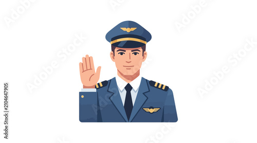 Canvas Print Pilot in blue uniform waving hand.