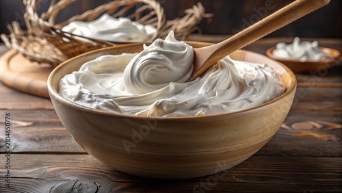 A bowl of white frosting is being stirred with a wooden spoon