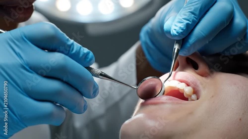 A dentist performs a routine dental examination on a patient in the clinic