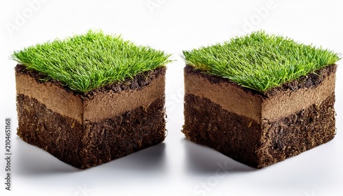 two grassy soil blocks isolated on white background for earth concept