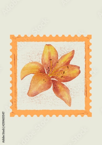 Orange Lily Vintage Postage Stamp Watercolor Illustration on Yellow Background