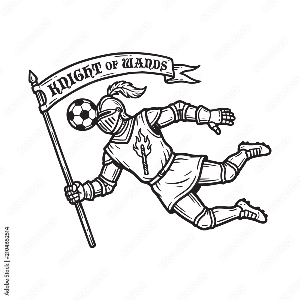 Fototapeta premium Knight of wands playing soccer illustration