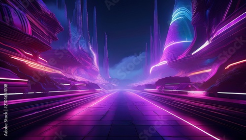 stunning computer generated abstract art featuring futuristic dark scenery with neon lighting and purple smoke generative ai