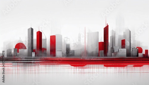 modern grey skyline abstract style skyscraper buildings in blur on white and red background