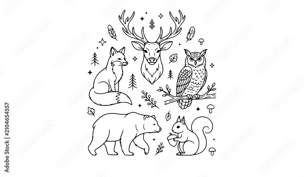 Fototapeta premium Mystical woodland creatures and forest wildlife animals line art vector bundle