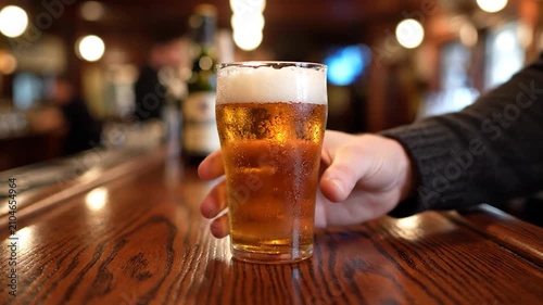 A person holds a cold glass of golden beer at a wooden bar