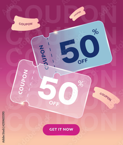 Creative promotional coupon template. Discount coupon banner design with 50 percent off sale. Floating glassmorphism vouchers. Modern online shopping promo poster template. Trendy promotion banner
