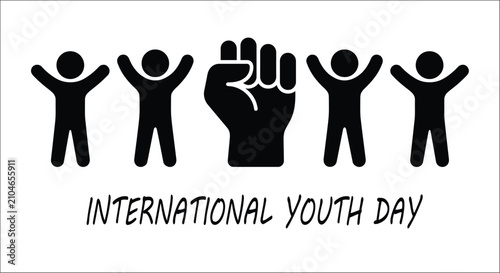 Stick figure silhouettes with raised fist celebrating international youth day on a white background activism