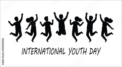 Quadro su tela Silhouette of jumping figures with text reading international youth day on white