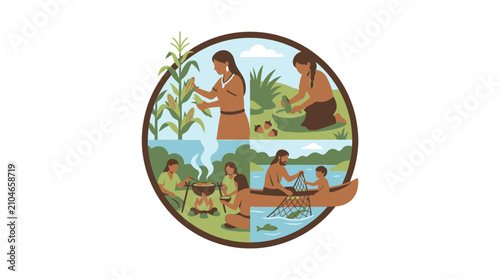 Native American Life Cycle Circle: Farming, Food Prep, Fire Cooking, Fishing in Canoe