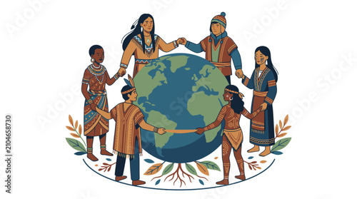 Diverse People Holding Hands Around Earth, Unity and Global Cooperation Concept