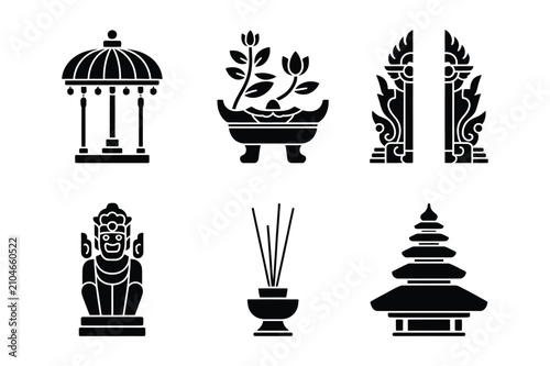 Traditional balinese cultural elements and indonesian temple architectural icons