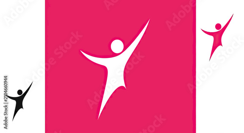 White figure jumping on pink and white background.