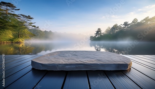 a flat stone podium sits at the edge of an open water lake the surface of the water reflects the surrounding trees creating a quiet view mist rises from the lake adding a soft atmosphere