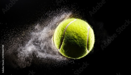 dynamic tennis ball in motion with exploding chalk dust on black background