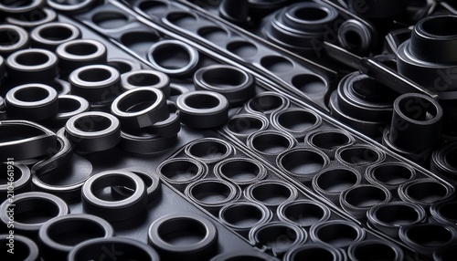 close up of black rubber grommets arranged in various patterns showcasing industry material texture and details