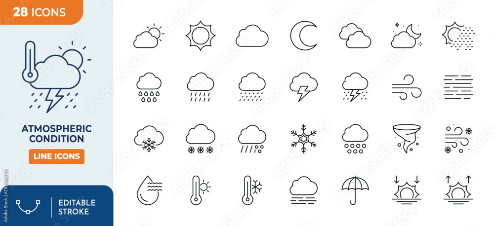 Obraz premium Atmospheric Conditions icon set. Contain icons related to weather phenomena, climate, rationality, sun, cloud, rain, and more. Vector illustration