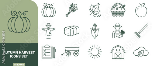 Foto Autumn harvest icon set featuring pumpkin, scarecrow, wheat, corn, barn, and far