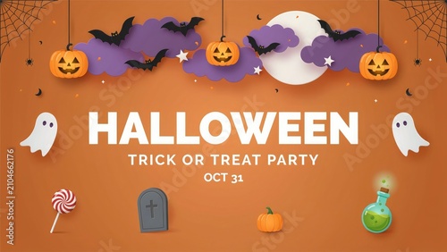 Halloween party banner with spooky decorations and text