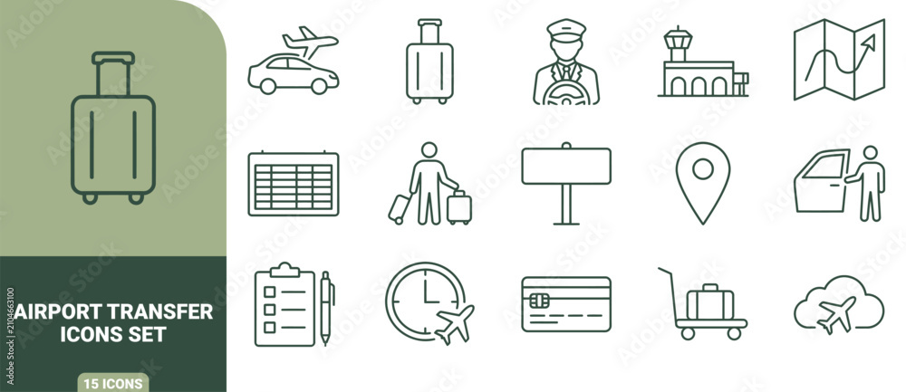 Fototapeta premium Set of 15 dark green outline icons representing airport transfer, travel logistics, luggage, transportation, and flight scheduling services