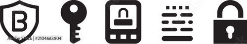 Security protection icons set flat style vector isolated on transparent grid interface elements for digital safety data privacy encryption password management systems web user tools design.