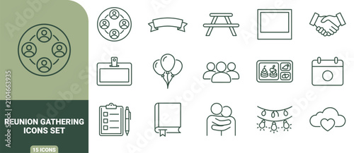 Set of 15 linear icons representing social gatherings and reunions, featuring people, event planning, party decorations, and social interaction symbols