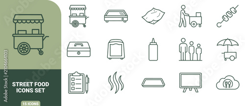 Photos Set of 15 linear street food icons featuring food carts, vendors, condiments, co