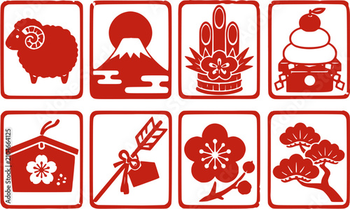 Japanese New Year red stamp icon set with sheep and Mt Fuji