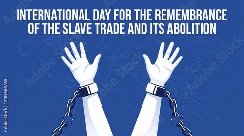 International day remembrance slave trade abolition hands chains world map.