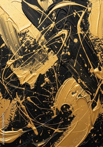 Abstract painting with gold paint splashes on black canvas. Modern textured artwork with metallic brush strokes for luxury wallpaper background. Artistic design element for creative project.