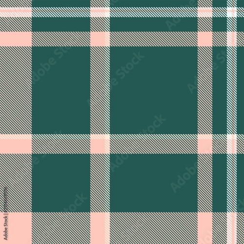 A classic tartan plaid pattern with a balanced check structure and teal and light tones. The seamless textile background recreates a woven fabric look with a natural decorative character.