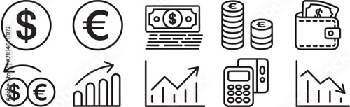 Foto Financial banking services vector icon collection featuring currency symbols cash stacks coins wallet and growth charts for professional banking and investment interface design set